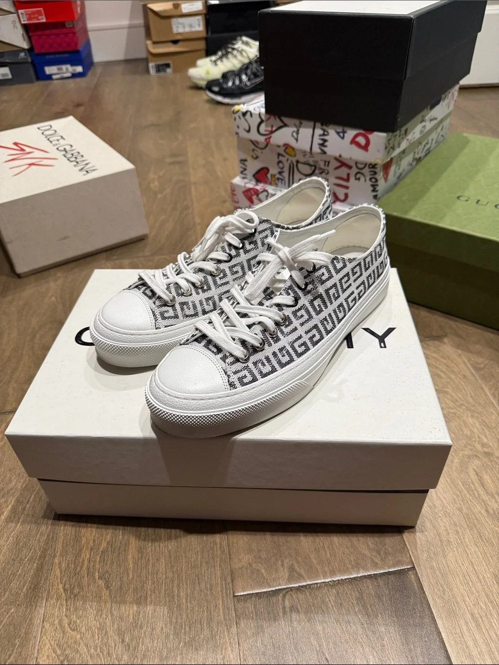 Givenchy White and Black Monogram Canvas Low-Top Sneakers